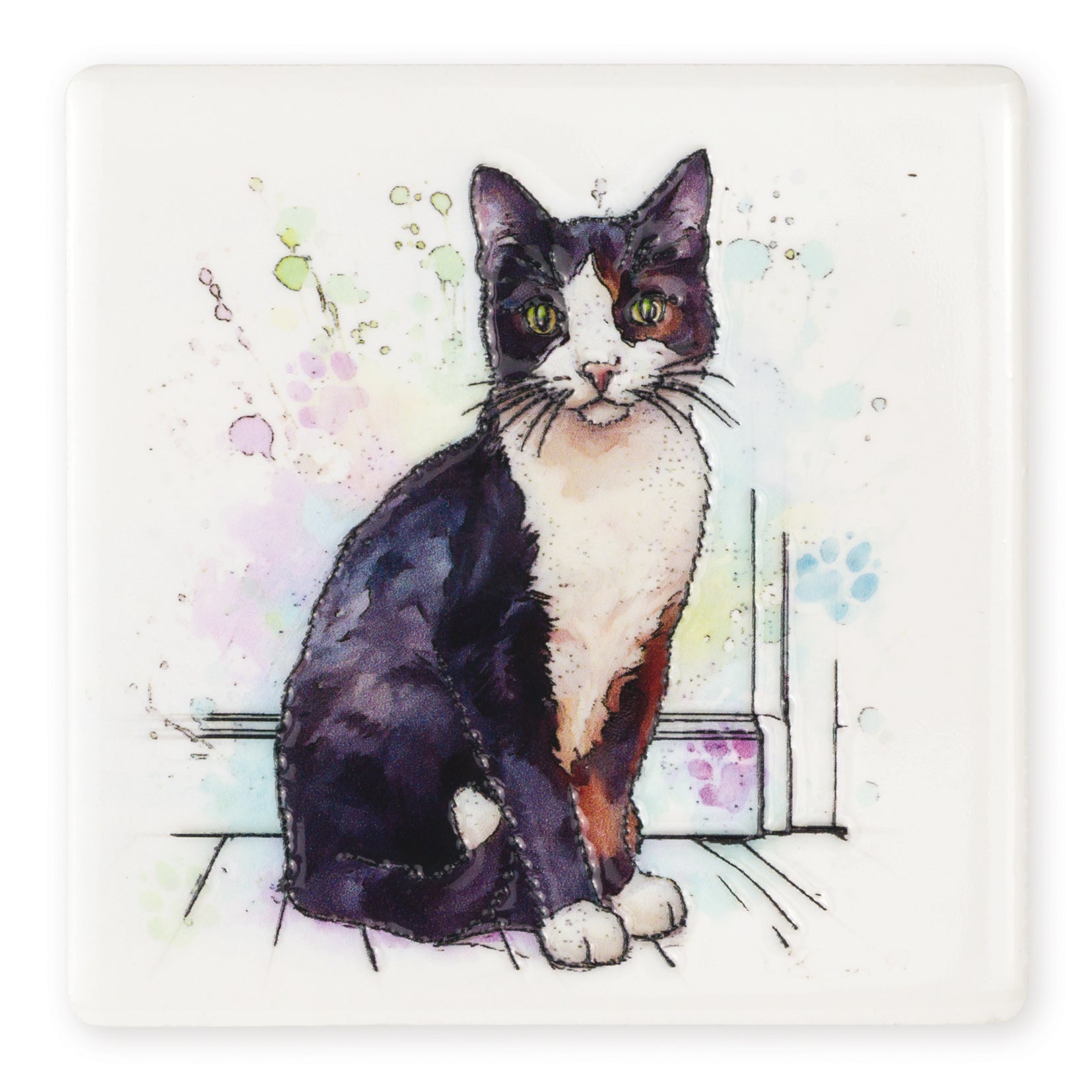 Black & White Cat Ceramic Art Coaster - Art of Arora from thetraditionalgiftshop.com