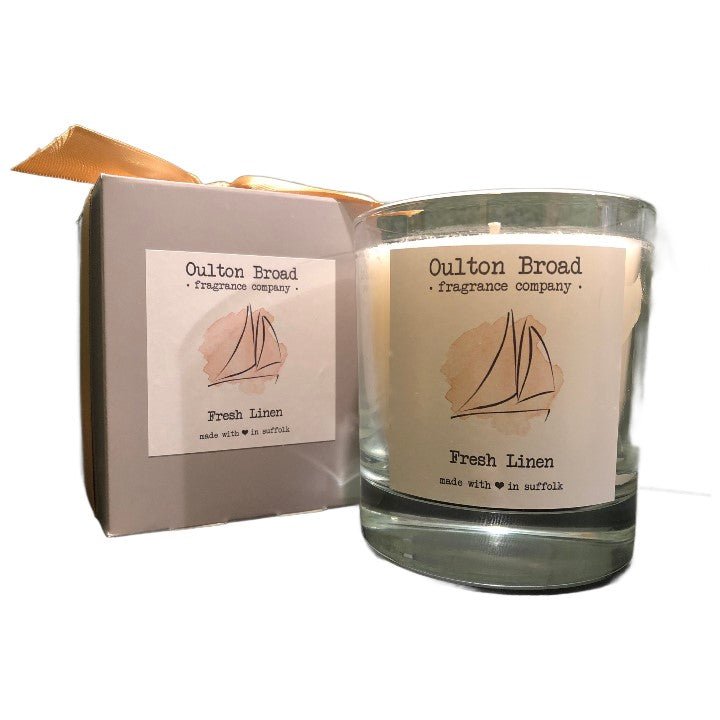 Fresh Linen Glass Jar Candle - Oulton Broad Fragrance Company from thetraditionalgiftshop.com