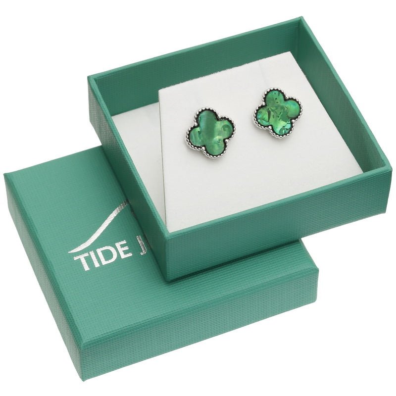 Green Quatrefoil Paua Shell Earrings - Tide Jewellery from thetraditionalgiftshop.com