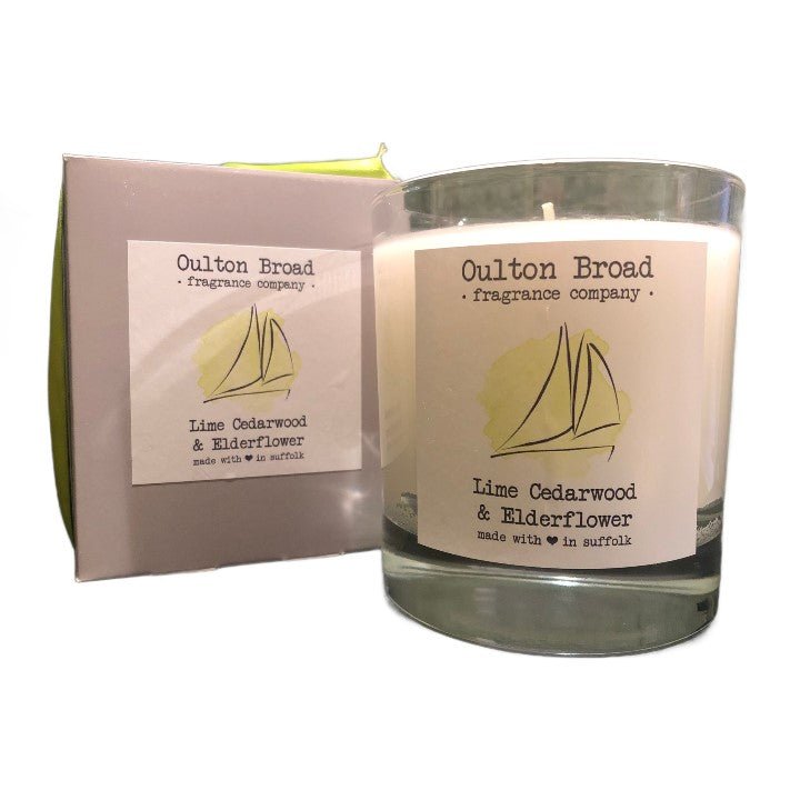 Lime, Cedarwood & Elderflower Glass Jar Candle - Oulton Broad Fragrance Company from thetraditionalgiftshop.com