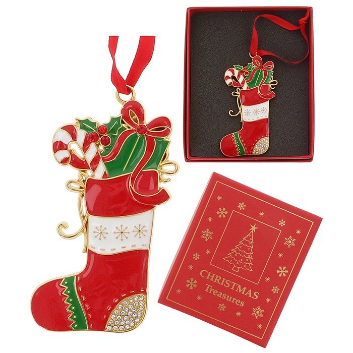 Stocking with Gifts Metal & Enamel Xmas Treasures Tree Decoration - Xmas Treasures from thetraditionalgiftshop.com