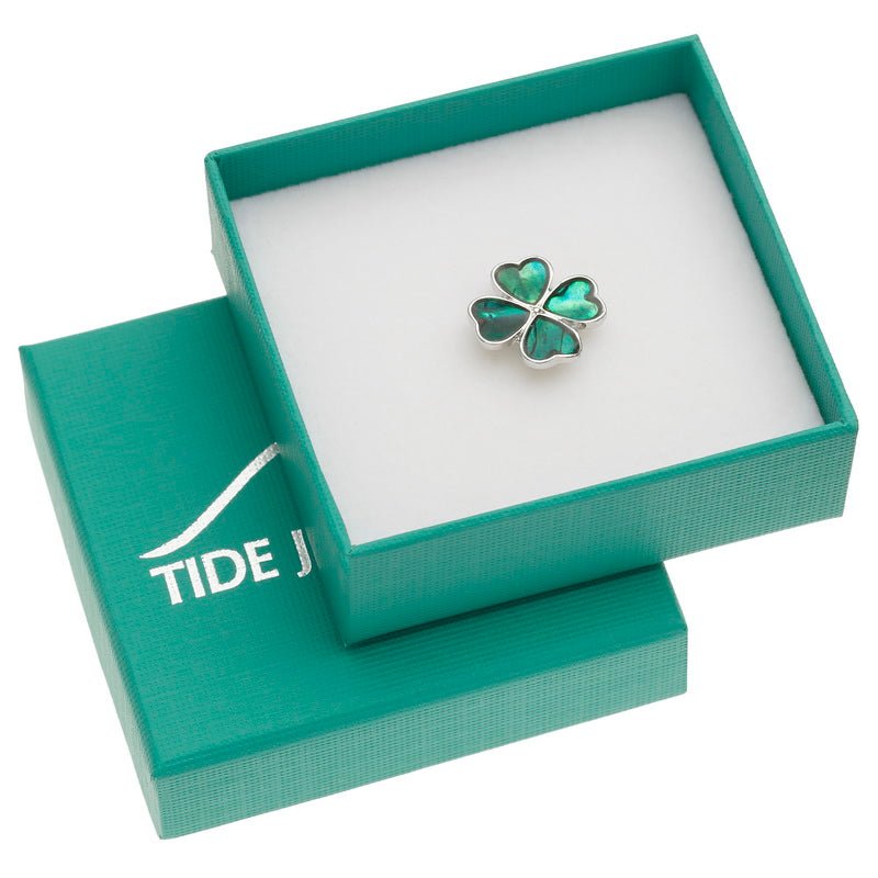 Green Four Leaf Clover Paua Shell Pin Badge - Tide Jewellery from thetraditionalgiftshop.com