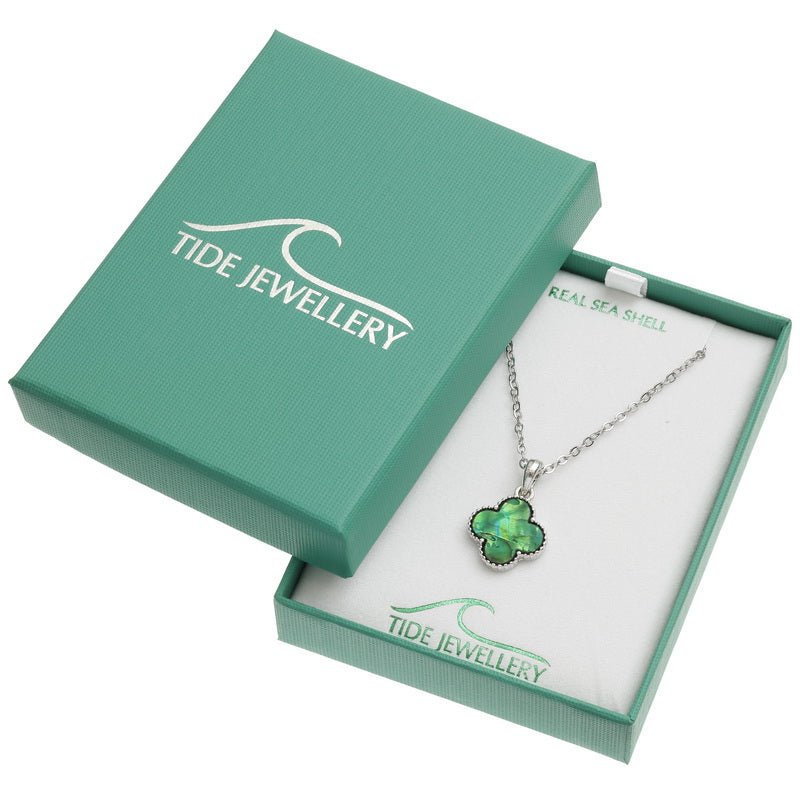 Green Quatrefoil Paua Shell Necklace - Tide Jewellery from thetraditionalgiftshop.com