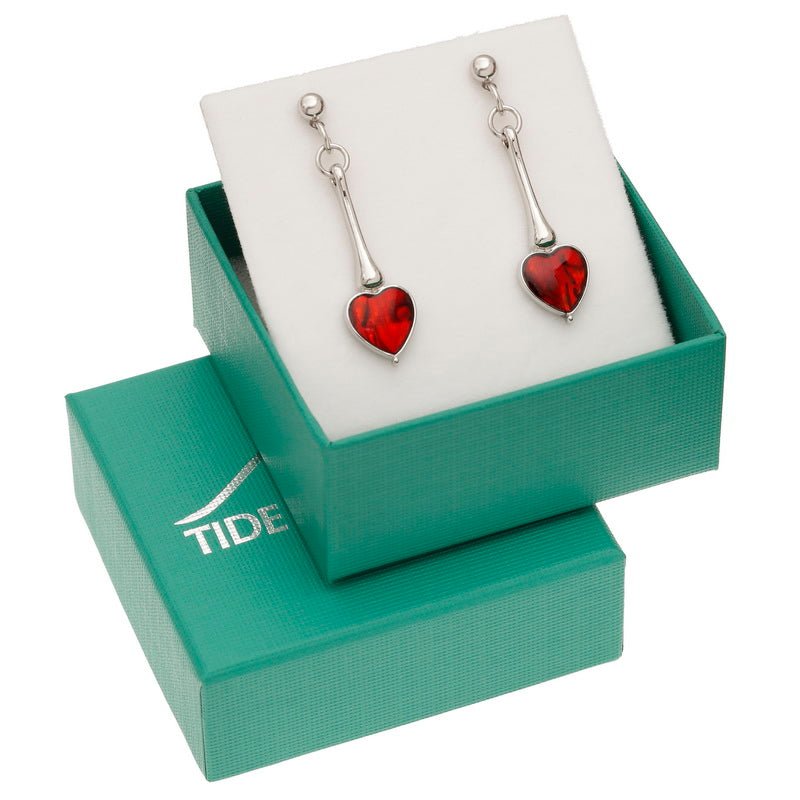 Red Heart Long Drop Paua Shell Stud Earrings - Tide Jewellery from thetraditionalgiftshop.com