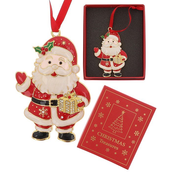 Santa with Present Metal & Enamel Xmas Treasures Tree Decoration - Xmas Treasures from thetraditionalgiftshop.com
