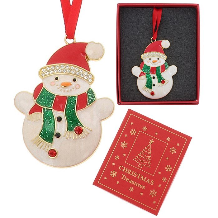 Snowman with Scarf Metal & Enamel Xmas Treasures Tree Decoration - Xmas Treasures from thetraditionalgiftshop.com