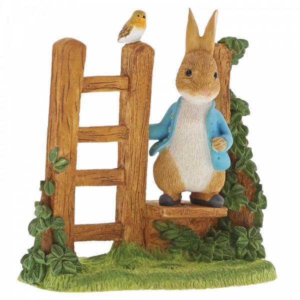 Peter Rabbit on Wooden Stile Mini Figure - Beatrix Potter from thetraditionalgiftshop.com
