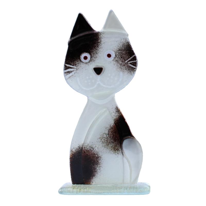Small Black & White Cat (13) Fused Glass Ornament