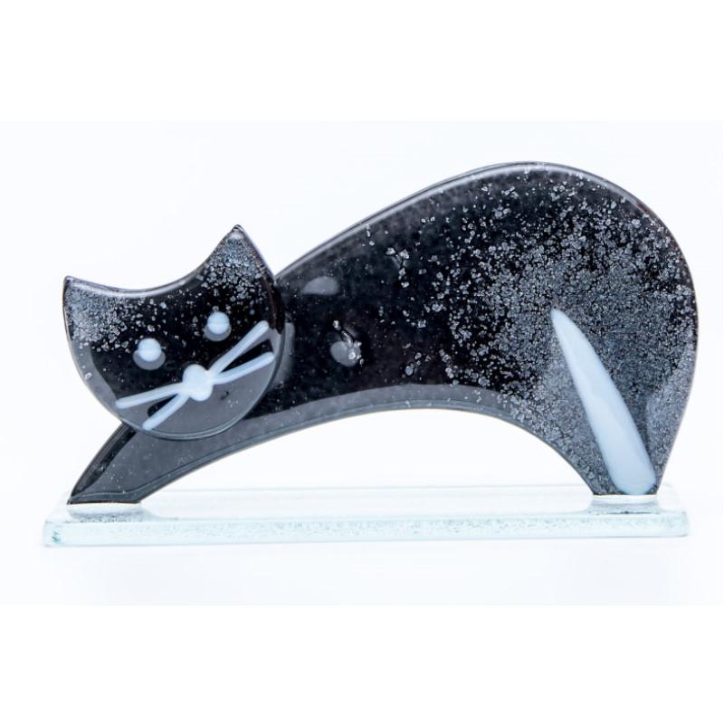 Small Cat Stretching (Black) Fused Glass Ornament - Milford Fused Glass from thetraditionalgiftshop.com