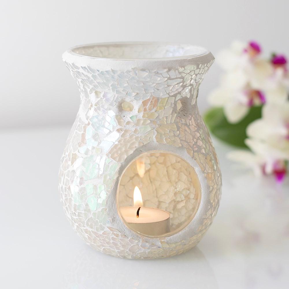 Small Iridescent/White Crackle Glass Wax Melt Warmer / Oil Burner - Jones Home Wax Warmers from thetraditionalgiftshop.com