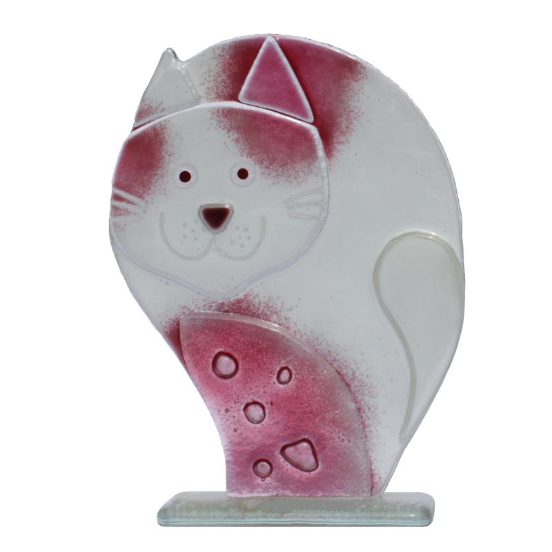 Small Pink & White Cat (11) Fused Glass Ornament